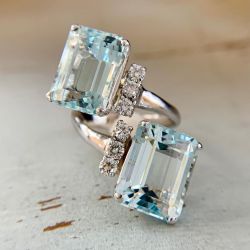 Two Stone Emerald Cut Aquamarine Engagement Ring For Women 