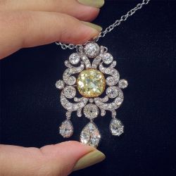 Art Deco Yellow & White Sapphire Cushion Cut Pendant Necklace