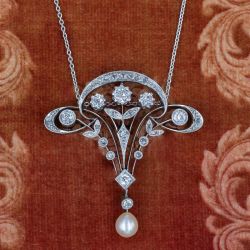 Art Deco Round Cut White Sapphire & Pearl Pendant Necklace