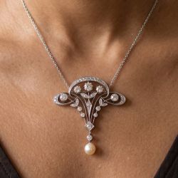Art Deco Round Cut White Sapphire & Pearl Pendant Necklace