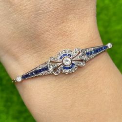 Vintage Two Tone Round Cut White & Blue Sapphire Bracelet