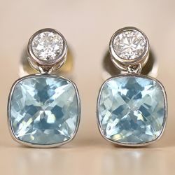 Classic Bezel Cushion Cut Aquamarine Sapphire Drop Earrings