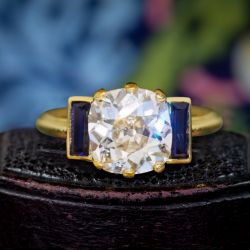 Gold Cushion Cut White & Blue Sapphire Engagement Ring For Women