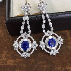 Art Deco Cushion Cut Blue Sapphire Drop Earrings For Women