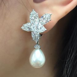 Pear Cut White Sapphire & Pearl Drop Earrings For Women
