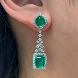 Art Deco Halo Cushion Cut Emerald Sapphire Drop Earrings