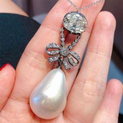Art Deco Oval Cut White Sapphire & Pearl Pendant Necklace