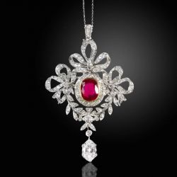 Art Deco Two Tone Cushion Cut Ruby Sapphire Pendant Necklace
