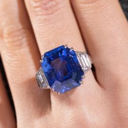 Classic Three Stone Emerald Cut Blue Sapphire Engagement Ring
