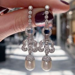 Art Deco Round Cut White Sapphire & Pearl Drop Earrings