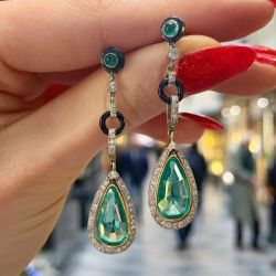 Two Tone Halo Pear Cut Emerald Sapphire Drop Earrings