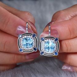 Art Deco Halo Cushion Cut Aquamarine Sapphire Drop Earrings