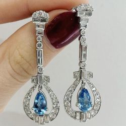 Unique Halo Pear Cut Aquamarine Sapphire Drop Earrings