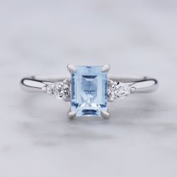 Classic Three Stone Emerald Cut Aquamarine Engagement Ring