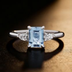 Classic Three Stone Emerald Cut Aquamarine Engagement Ring