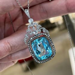 Art Deco Halo Aquamarine Sapphire Cushion Cut Pendant Necklace For Women