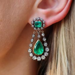 Vintage Two Tone Pear Cut Emerald Sapphire Drop Earrings
