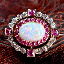 Gorgeous Double Halo White Opal & Ruby Sapphire Oval Cut Brooch