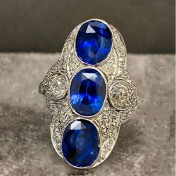 Art Deco Blue Sapphire Oval Cut Engagement Ring For Women