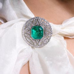 Art Deco Halo Emerald Cut Emerald & White Sapphire Brooch