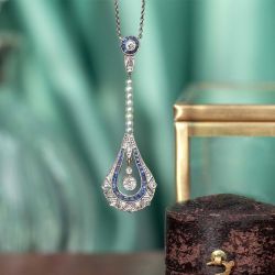 Art Deco White Sapphire & Pearl Round Cut Pendant Necklace