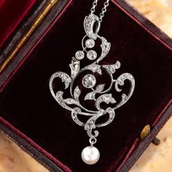 Art Deco White Sapphire & Pearl Round Cut Pendant Necklace For Women