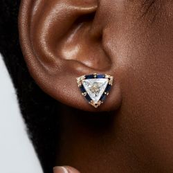 Halo Triangle Cut White & Blue Sapphire Stud Earrings