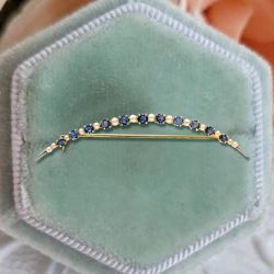 Two Tone Round Cut Blue Sapphire & Pearl Brooch