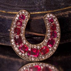 Vintage Rose Gold Cushion Cut Ruby Sapphire Brooch