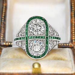 Vintage Round Cut White & Emerald Sapphire Engagement Ring