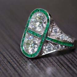 Vintage Round Cut White & Emerald Sapphire Engagement Ring