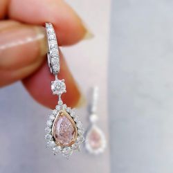 Two Tone Halo Pear Cut Pink Sapphire Drop Earrings For Women