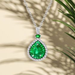 Double Halo Pear Cut Emerald Sapphire Pendant Necklace