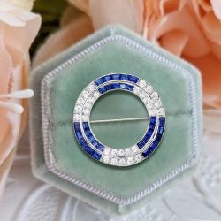 Classic Round & Baguette Cut Blue & White Sapphire Brooch