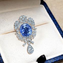 Art Deco Halo Oval Cut Blue Sapphire Brooch For Women