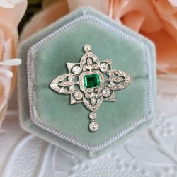 Vintage Halo Emerald Cut Emerald Sapphire Brooch