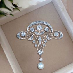 Art Deco Round Cut White Sapphire & Pearl Brooch