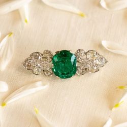 Art Deco Emerald & White Sapphire Cushion Cut Brooch For Women