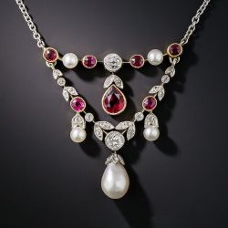 Art Deco Ruby Sapphire & Pearl Pear Cut Pendant Necklace