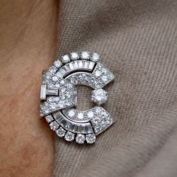 Art Deco White Sapphire Round & Baguette Cut Brooch