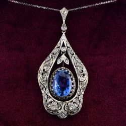 Vintage Halo Blue Sapphire Oval Cut Pendant Necklace For Women
