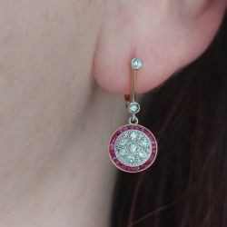 Vintage Halo Ruby & White Sapphire Round Cut Drop Earrings