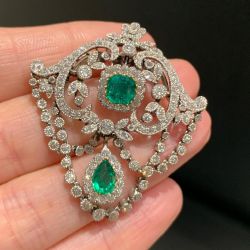 Art Deco Emerald Sapphire Cushion & Pear Cut Brooch For Women