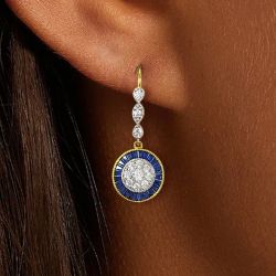Two Tone Halo White & Blue Sapphire Round Cut Drop Earrings