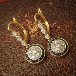 Vintage White & Blue Sapphire Round Cut Drop Earrings