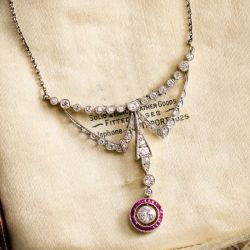 Art Deco White & Ruby Sapphire Round Cut Pendant Necklace
