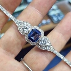 Vintage Halo Blue Sapphire Emerald Cut Bracelet For Women