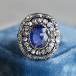 Vintage Double Halo Blue Sapphire Oval Cut Engagement Ring