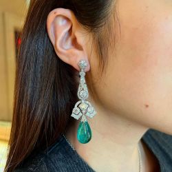 Art Deco Emerald Sapphire Pear Cut Drop Earrings For Women