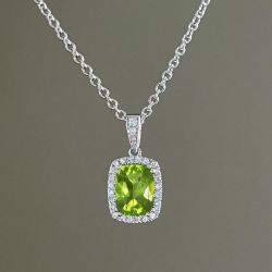 Halo Cushion Cut Peridot Sapphire Pendant Necklace For Women